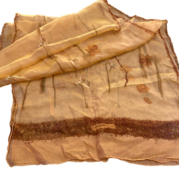 SALVATORE FERRAGAMO Sheer Scarf Silk Rectangle Burnt Orange Flowers Butterflies - Picture 4 of 11